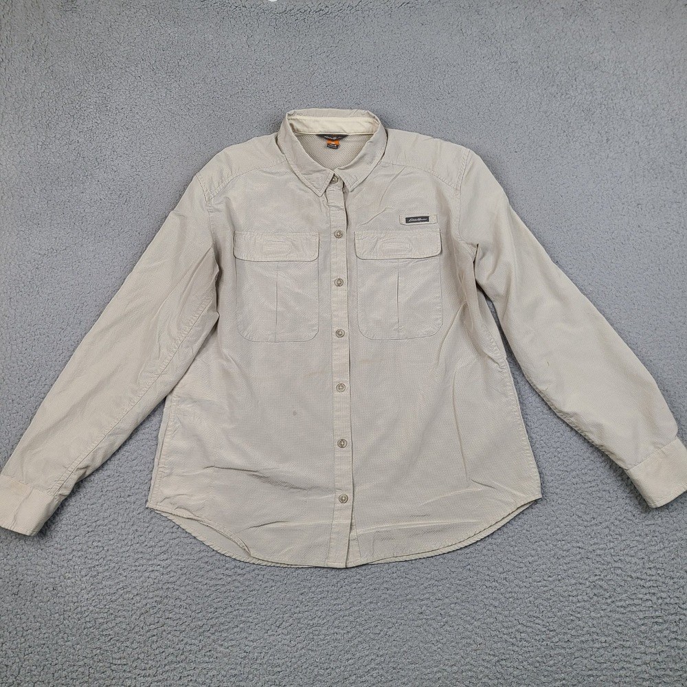 Eddie Bauer Womens Medium Tan Micro Check Hiking Shirt Long Sleeve Button Down